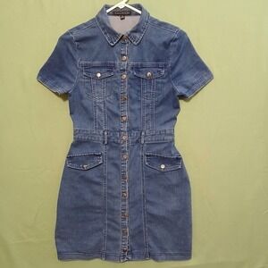Vintage One-Piece Denim Knee Length Dress Pockets with Metal Buttons Jeans Sz S